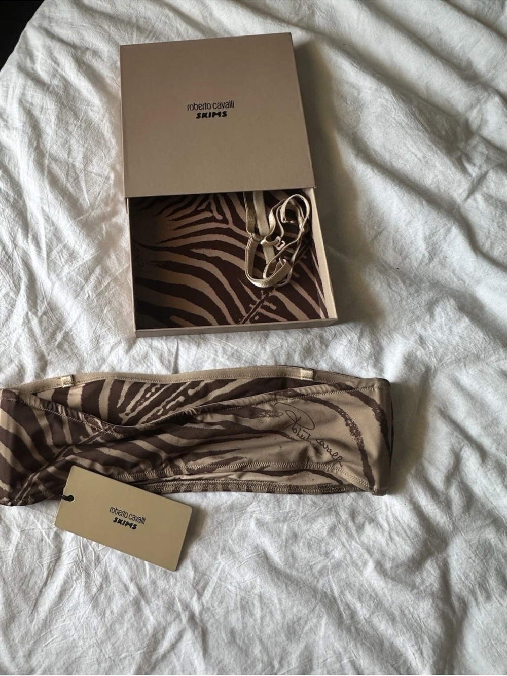 Roberto Cavalli x SKIMS zebra Animal Print Bandeau monokini bikini - Brown/Tan